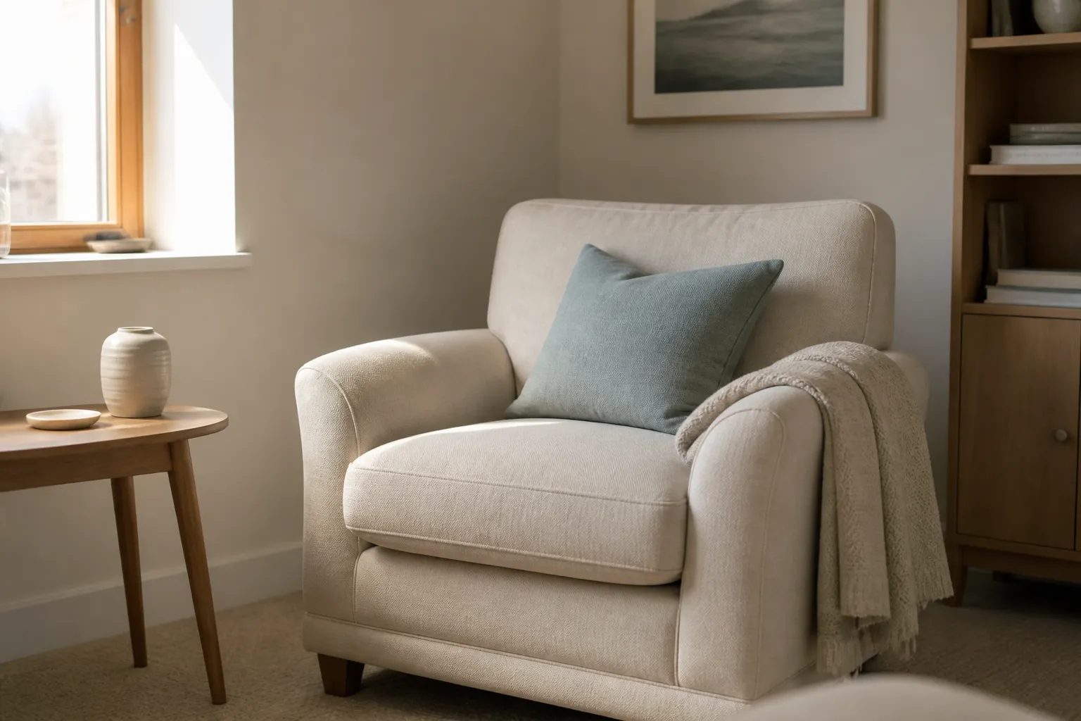 A welcoming armchair in soft natural light, with a sea-glass cushion and a simple ceramic vase nearby