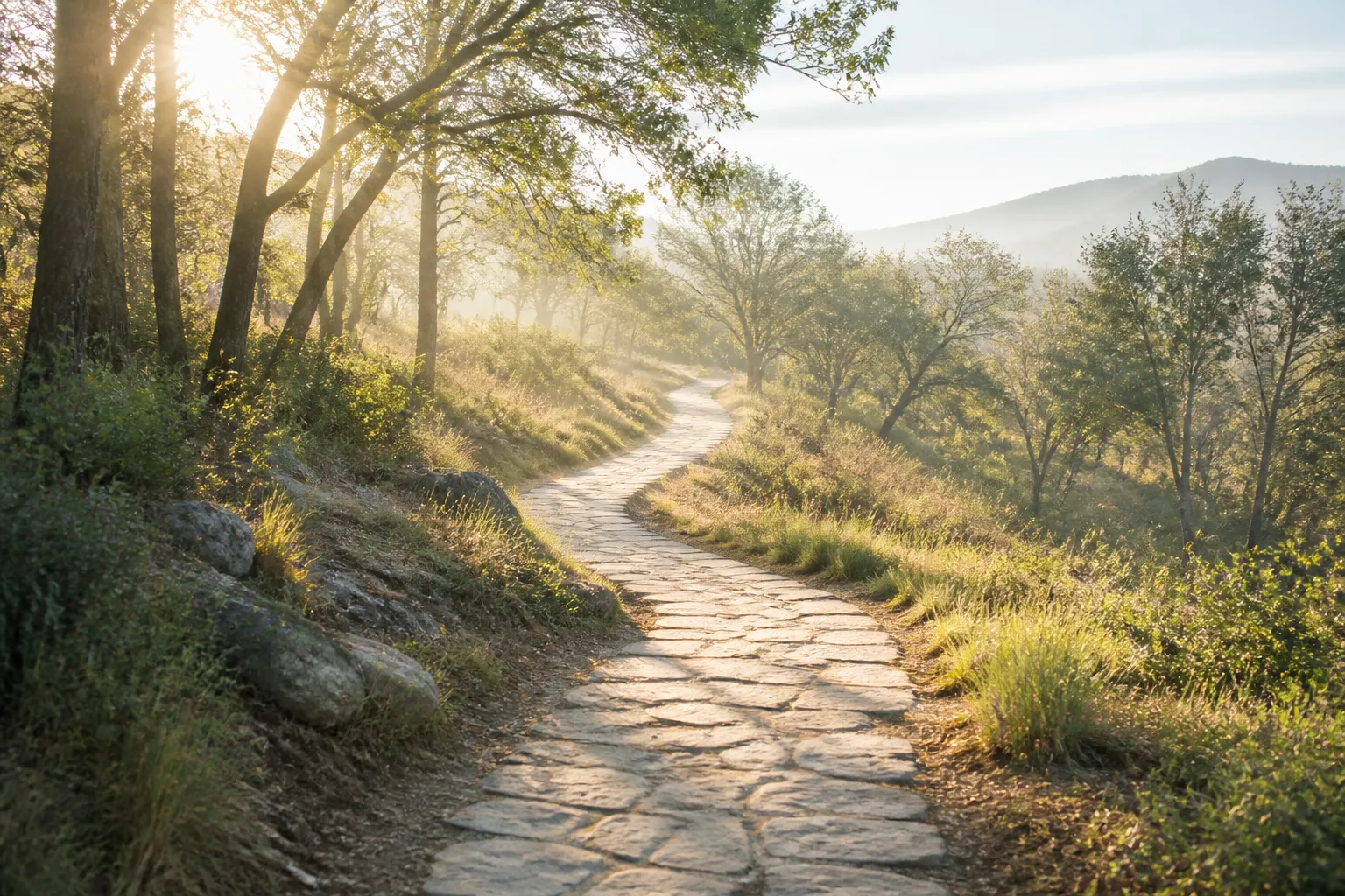 A winding stone path through open woodland, warm sunlight falling across it and the way ahead fading gently into the distance