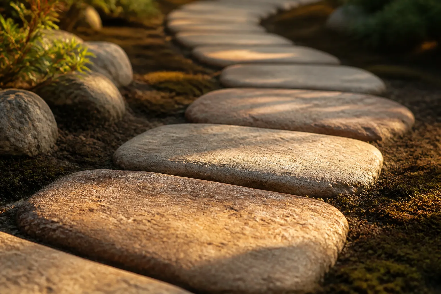 Warm sunlight raking across smooth stepping stones on a curved garden path